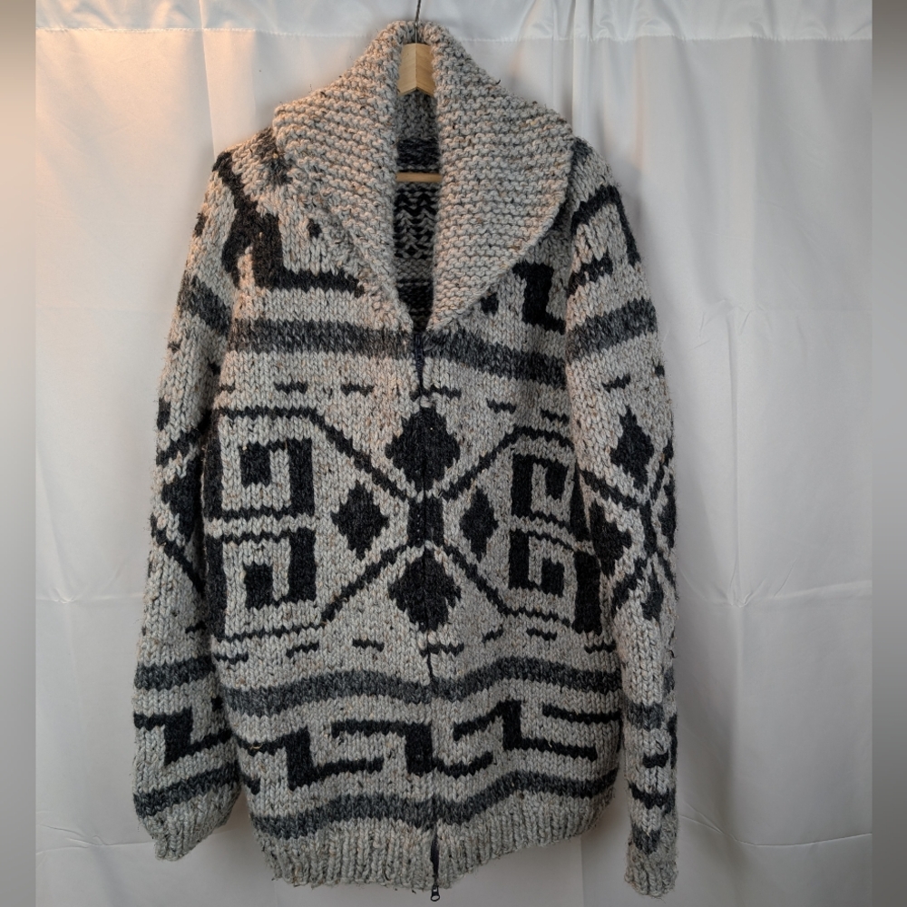 Chunky Shawl Collar Zip Cardigan Sweater - Gray/Black